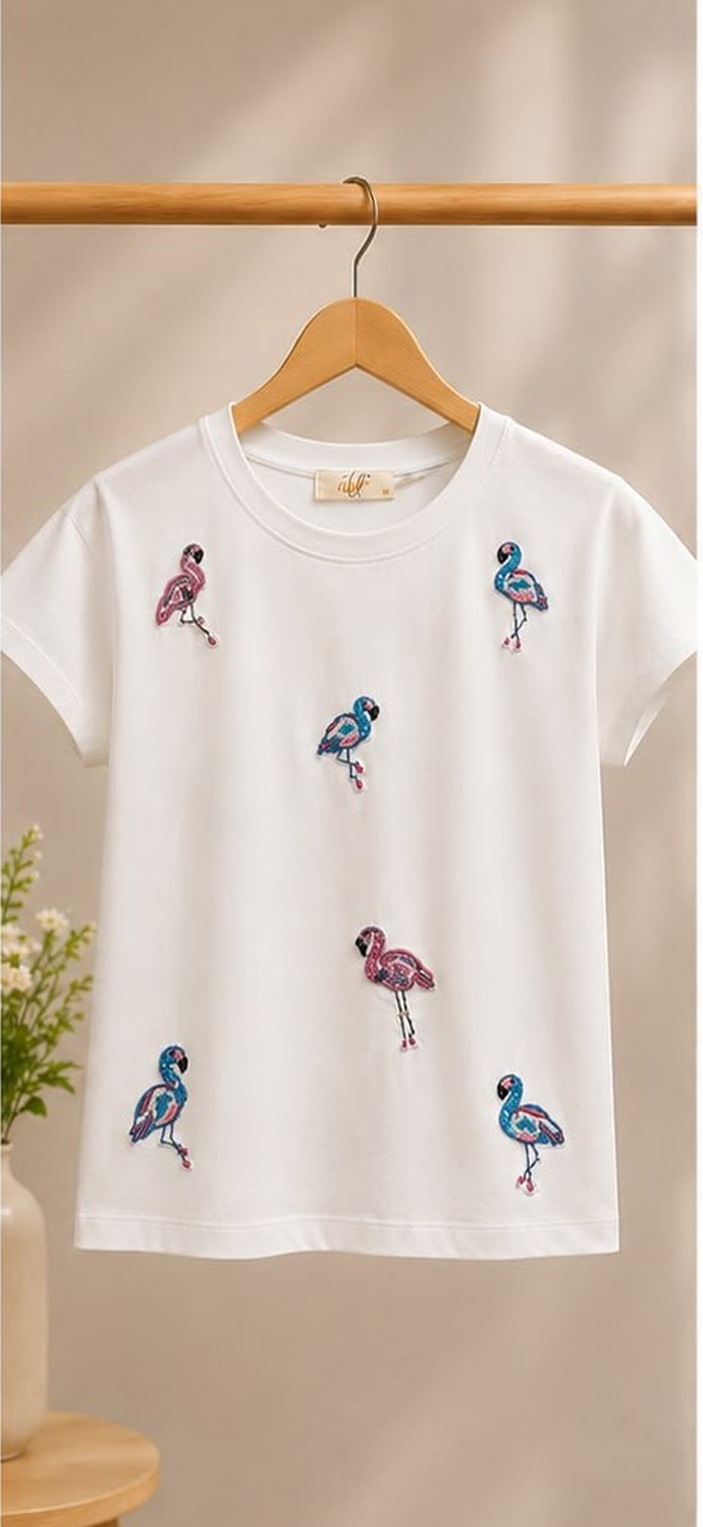 Women's White Flamingo Embellished Cotton T-Shirt | Casual Round Neck Half Sleeve Tee