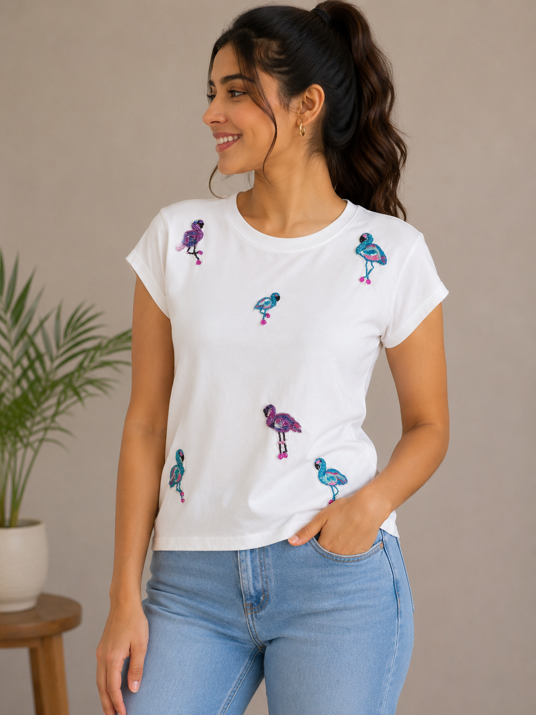 Women's White Flamingo Embellished Cotton T-Shirt | Casual Round Neck Half Sleeve Tee