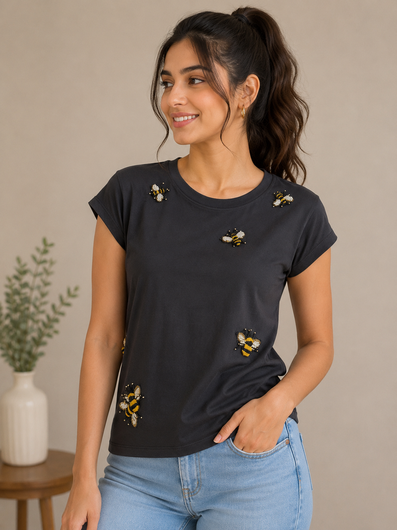 Charcoal Grey Bee Embroidered T-Shirt