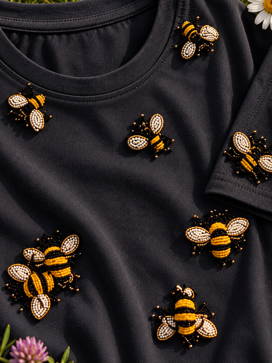 Charcoal Grey Bee Embroidered T-Shirt