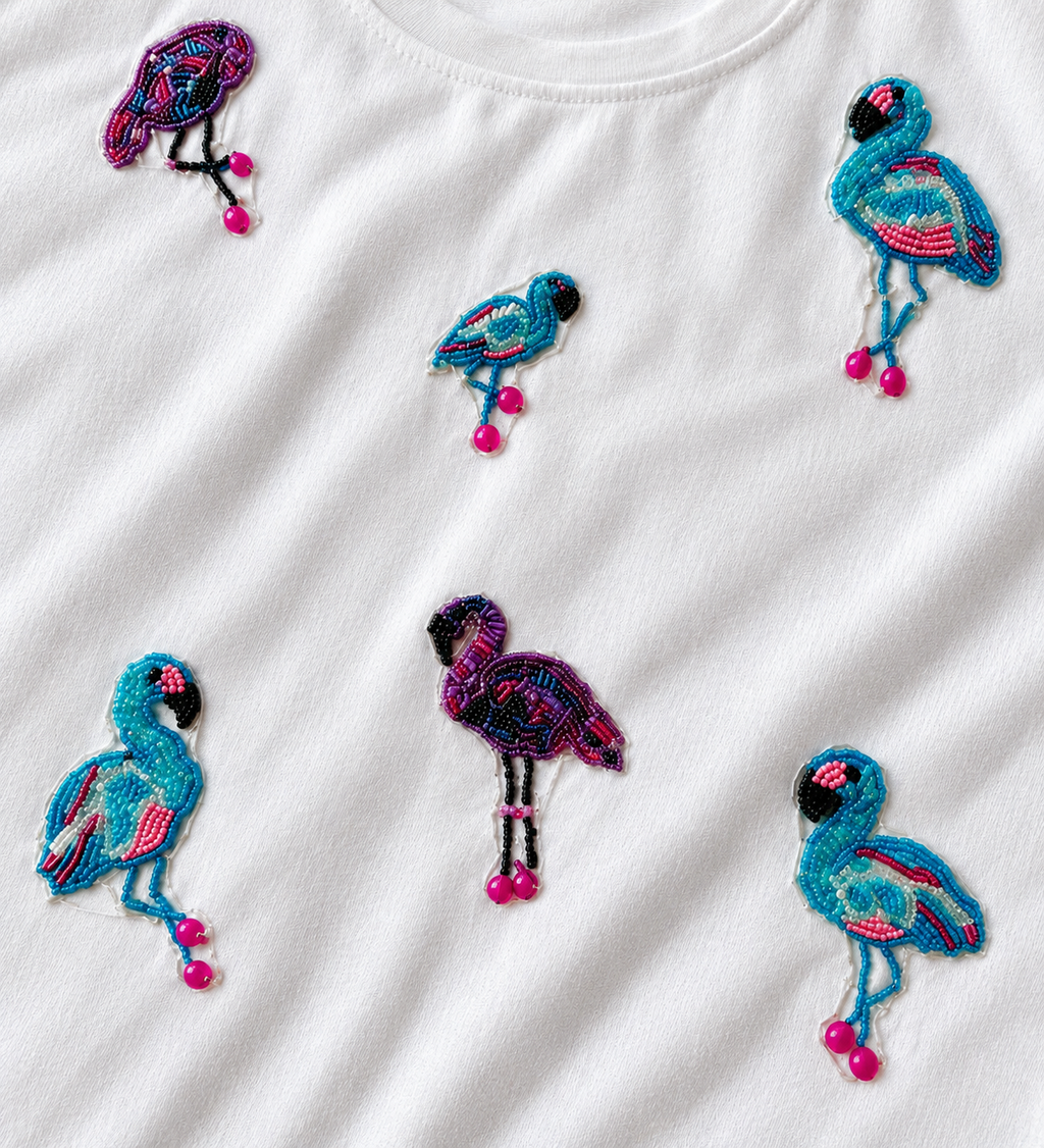 Women's White Flamingo Embellished Cotton T-Shirt | Casual Round Neck Half Sleeve Tee