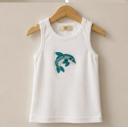 White Ribbed Sleeveless Dolphin Embroidered Tank Top