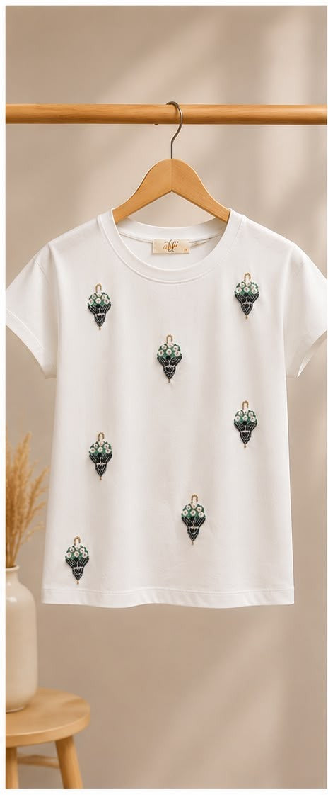 White Flower Pot Embellished Cotton T-Shirt | Casual Round Neck Rangel Sleeve Top