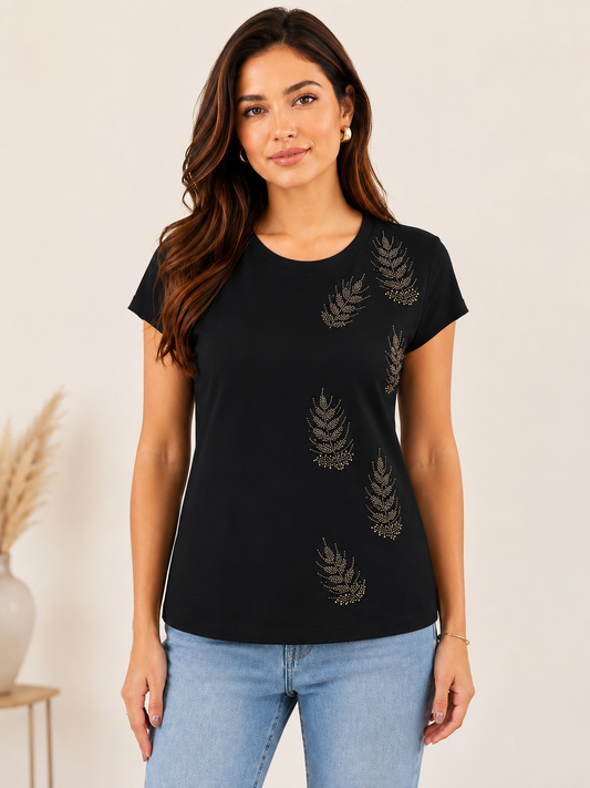 Black Feather Embellished Cotton T-Shirt | Premium Round Neck Raglan Sleeve Tee