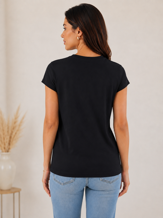 Black Feather Embellished Cotton T-Shirt | Premium Round Neck Raglan Sleeve Tee